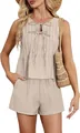 Dames tweedelige geplooide linnen set in beige, ideaal voor strand en zomerse vakantie - S / Boven- En Onderstuk / Abrikoos