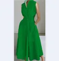 Elegant green V-neck sleeveless button-down maxi dress for stylish summer commuting - XS / Dresses / Green
