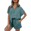 Détail d'un ensemble élégant pour femme en coton et lin bleu-vert avec chemise et short - S / Haut et Bas / Bleu sarcelle