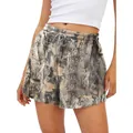 Détail du short pour femme avec cordon de serrage et imprimé camouflage écorce d'arbre. - S / Bas / Style 16 (Feuilles de Café)