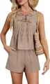 Casual tweedelige linnen vakantie-outfit voor dames met plooien in elegant taupe bruin voor zomer - S / Boven- En Onderstuk / Roze Paars