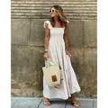 Elegant beige and white gingham maxi dress featuring a shirred bodice and ruffled straps - S / Top And Bottom / Off White