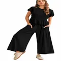 Detalle del conjunto de dos piezas negro para mujer con top de volantes y pernera ancha - S / Top Y Pantalón / Negro