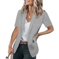 Elegant women's summer short sleeve blazer with lapel collar and single button in light gray - Light Gray