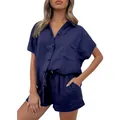 Gros plan sur l'ensemble chemise et short en coton et lin bleu marine pour femmes - S / Haut et Bas / Bleu foncé
