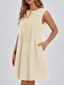 Sleeveless beige tie-neck summer vacation dress with pleated front and side pockets style - S / Tops / Apricot