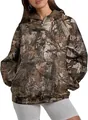 Detail view of women's oversized hoodie with a realistic forest leaf camo print - Coffee
