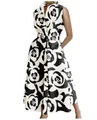Close-up of the elegant black and white rose pattern on the sleeveless summer A-line dress - XS / Dresses / Black Rose Floral