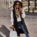 Stylish long black hooded puffer vest with single-breasted buttons for women's winter fashion - S / Tops / Black