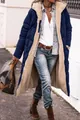 Stylish navy blue long hooded puffer coat featuring a cozy beige sherpa lining detail. - S / Tops / Navy Blue