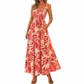 Detailed view of a red floral smocked maxi dress with tie-shoulder straps for summer. - S / Red Flower