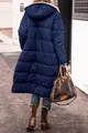Back view of a long navy blue hooded puffer jacket featuring a warm, quilted design. - S / Tops / Blue