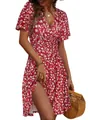 Summer red floral wrap V-neck A-line midi dress for women, elegant casual lifestyle - S / Wine Red Floral