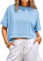 Light blue oversized cropped t-shirt for women featuring a functional front pocket. - Sky Blue