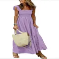Elegant purple gingham sleeveless maxi dress with smocked bodice and ruffled straps - Purple