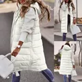 Detailed views of a long white hooded puffer vest from front, side, and back angles - White
