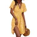 Summer floral print V-neck A-line midi dress with short sleeves for women - S / Yellow Floral