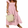 Pink gingham maxi dress featuring a smocked bodice and elegant breezy summer style - Pink