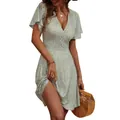 Floral V-neck wrap midi dress with short sleeves and A-line silhouette for summer - Green Leopard