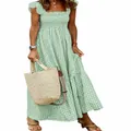 Elegant summer green gingham maxi dress featuring a shirred bodice and ruffled straps. - Green