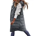 Detailed side view of a long dark gray hooded puffer vest worn over a white sweater. - S / Tops / Dark Gray