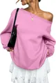 Close-up detail of a pink off-the-shoulder long sleeve sweatshirt with ribbed texture - S / Tops / Pink