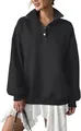 Détail d'un sweat-shirt noir oversize pour femme avec col Henley et fermeture boutonnée - S / Hauts / Noir
