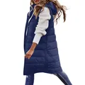 Side view of a mid-length navy blue hooded puffer vest with single-breasted closure. - S / Tops / Navy Blue