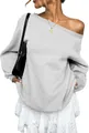 Detailed view of casual light gray off-the-shoulder loose fit sweatshirt for women - Light Gray