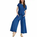 Conjunto casual de dos piezas azul para mujer con top fruncido y pantalón ancho - S / Top Y Pantalón / Azul