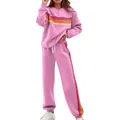 Two-piece pink casual tracksuit set with retro colorful stripes for autumn winter style - S / Top And Bottom / Pink