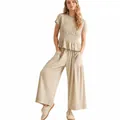 Elegante conjunto beige de dos piezas con top fruncido y pantalones anchos casuales - S / Top Y Pantalón / Albaricoque