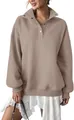 Detail of oversized tan Henley sweatshirt with button lapel and soft fleece lining - Camel
