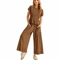 Women's two-piece brown outfit featuring smocked short sleeve top and wide leg pants - S / Top And Bottom / Dark Brown