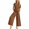 Conjunto de dos piezas marrón para mujer con top fruncido de manga corta y pantalón ancho - S / Top Y Pantalón / Marrón Oscuro