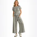 Casual 2-piece grey knit set with smocked short sleeve top and wide leg trousers. - Gray
