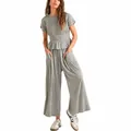 Casual 2-piece grey knit set with smocked short sleeve top and wide leg trousers. - S / Top And Bottom / Gray