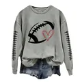 Detail view of a grey women's round neck sweatshirt featuring a football and heart print. - S / Tops / Light Gray