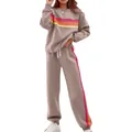 Casual khaki sweatshirt and sweatpants set with vintage rainbow stripes for women - S / Top And Bottom / Khaki