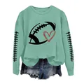 Detailed view of mint green women's sweatshirt with rugby ball and heart graphic design. - Light Green