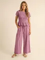 Elegant 2025 summer purple two-piece set with a smocked short sleeve top and wide-leg pants - Pink