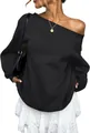 Detailed view of elegant women's black slant shoulder sweatshirt with a relaxed fit - Black