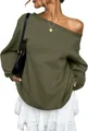 Close-up detail of a stylish olive green off-shoulder sweatshirt with a ribbed collar detail - Army Green