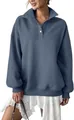 Detail of oversized blue Henley sweatshirt featuring a buttoned collar and ribbed cuffs - Dark Blue