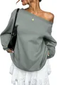 Chic women's off-the-shoulder solid color sweatshirt with long drop-shoulder sleeves - S / Tops / Bean Green