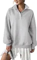 Close-up of oversized grey Henley sweatshirt with button lapel collar detail. - Light Gray