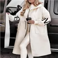 Elegant long off-white hooded windbreaker jacket with knitted sleeves and black motifs - S / Tops / Off White