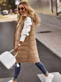 Stylish long hooded puffer vest in beige color for women street style fashion outfit - Khaki