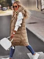 Stylish long hooded puffer vest in beige color for women street style fashion outfit - Khaki