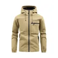 Men's khaki waterproof hooded windbreaker outdoor jacket with front zip and chest pocket - S / Tops / Khaki